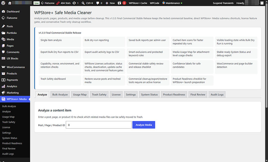 WPStore+ Safe Media Cleaner dashboard showing media cleanup overview and safe cleanup controls.