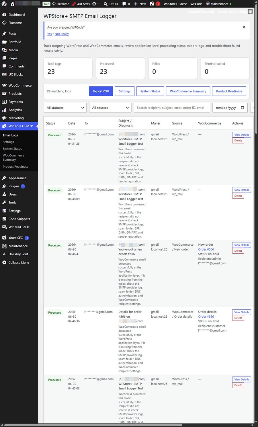 WPStore+ SMTP Email Logger showing outgoing WordPress and WooCommerce email logs with status, recipient, subject, source, and WooCommerce details.
