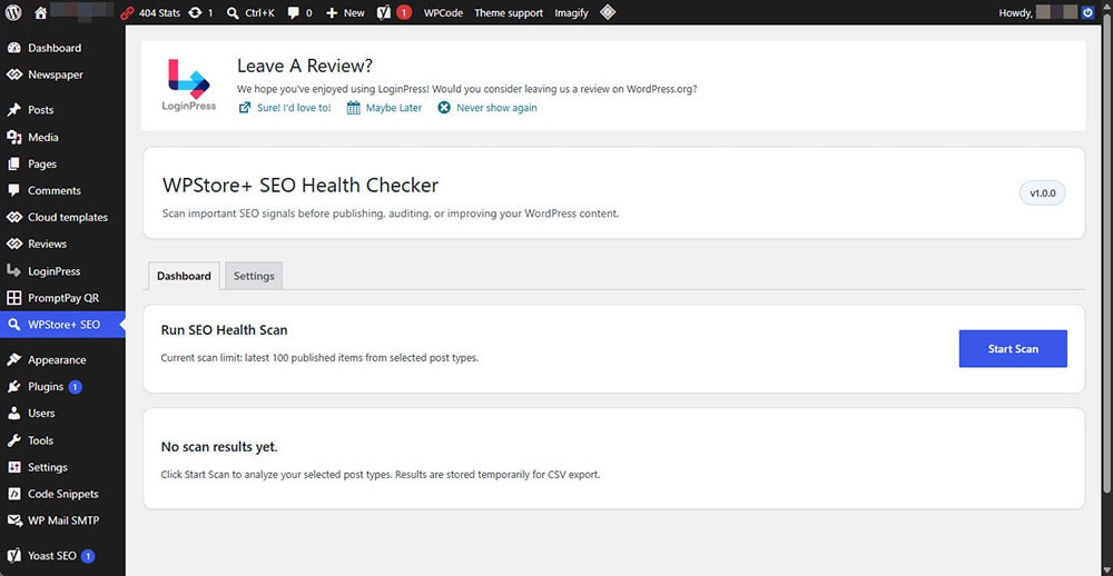 WPStore+ SEO Health Checker dashboard showing the Start Scan button and no scan results yet.