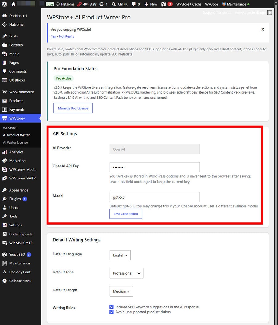 WPStore+ AI Product Writer settings page for OpenAI API and default writing options
