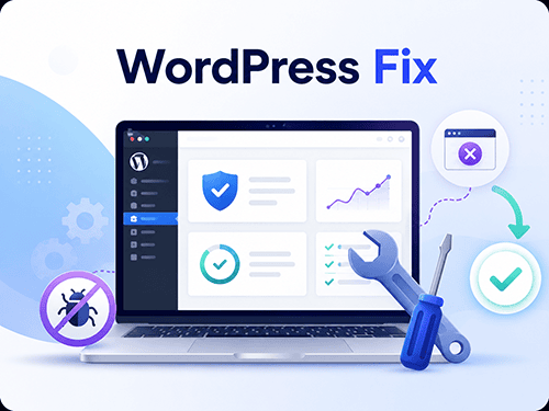 WordPress fix service illustration showing website repair, troubleshooting tools, and a WordPress dashboard.