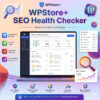 ภาพกราฟิกสีสันสดใสแสดงหน้าจอแดชบอร์ดของปลั๊กอิน WPStore+ SEO Health Checker บนแล็ปท็อป ล้อมรอบด้วยไอคอนเครื่องมือวิเคราะห์ SEO, รายการตรวจสอบ (Checklist) และกราฟแสดงผลการเติบโต สำหรับเว็บไซต์ WordPress