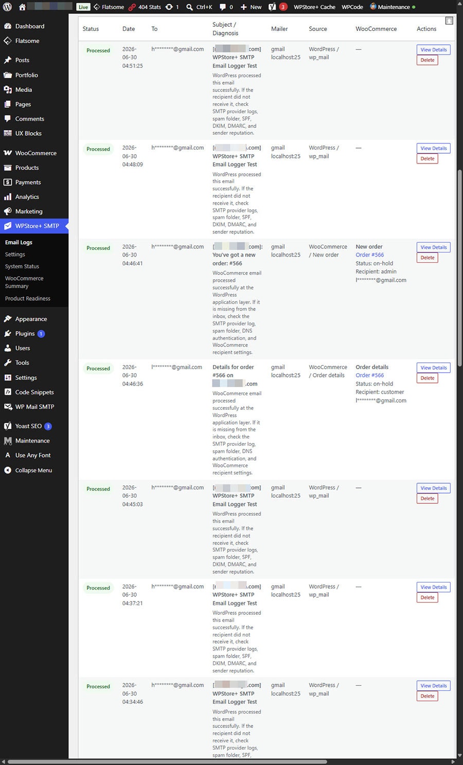Detailed email log view in WPStore+ SMTP Email Logger showing email metadata, troubleshooting hints, and WooCommerce context.