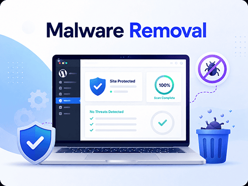 WordPress malware removal service illustration showing website security scanning, malware blocking, and site protection.