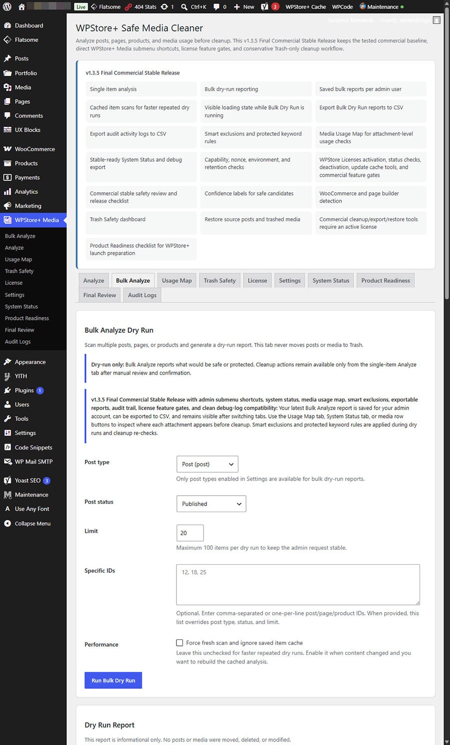 Media analysis screen in WPStore+ Safe Media Cleaner showing scan and review workflow.