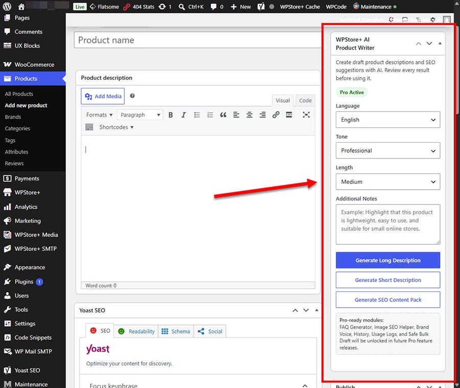 AI product writing panel inside the WooCommerce product edit screen