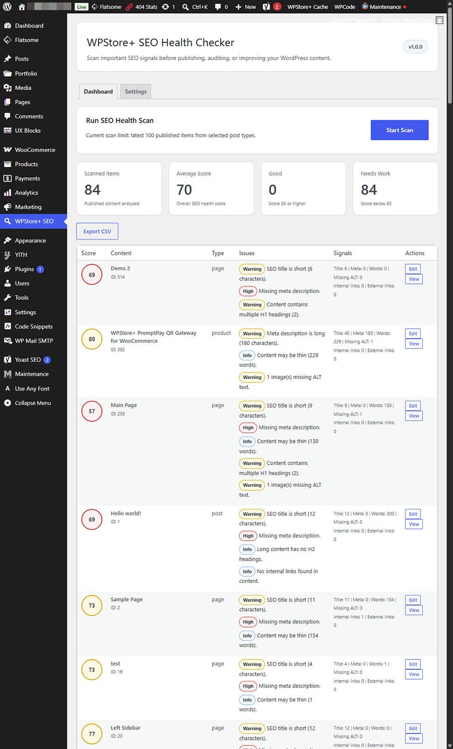 WPStore+ SEO Health Checker scan results table with SEO scores, issues, signals, and action buttons.