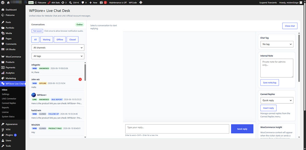 WPStore+ Live Chat Desk admin inbox for managing customer conversations in WordPress
