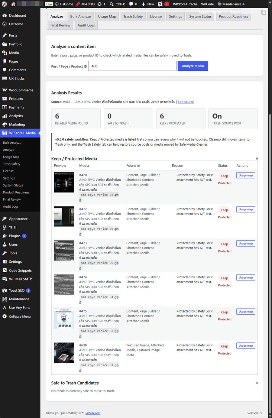 WordPress media cleanup candidate list with review options before deletion.