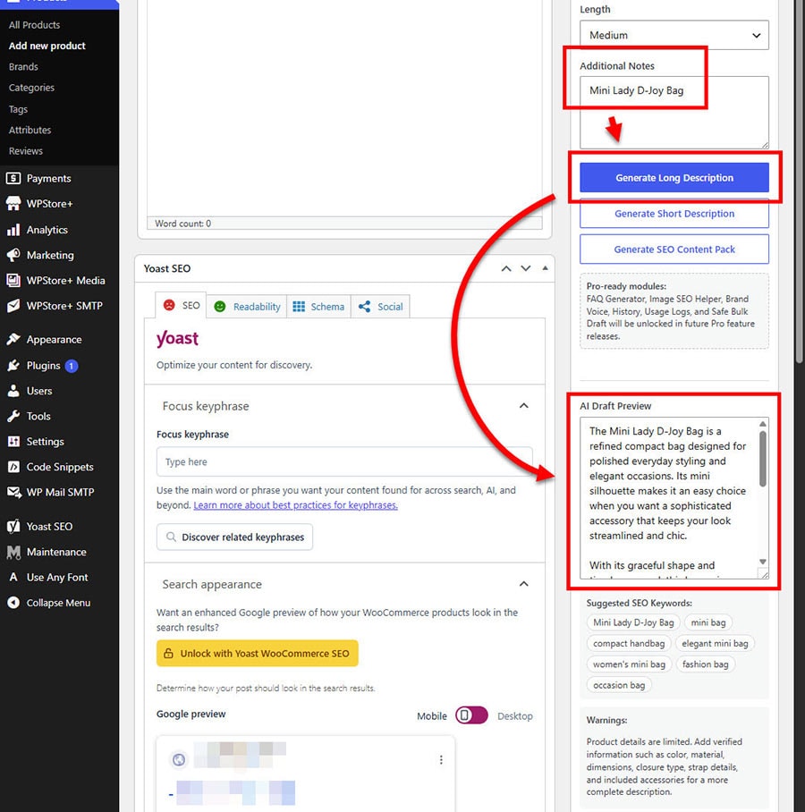 AI-generated long product description preview for WooCommerce