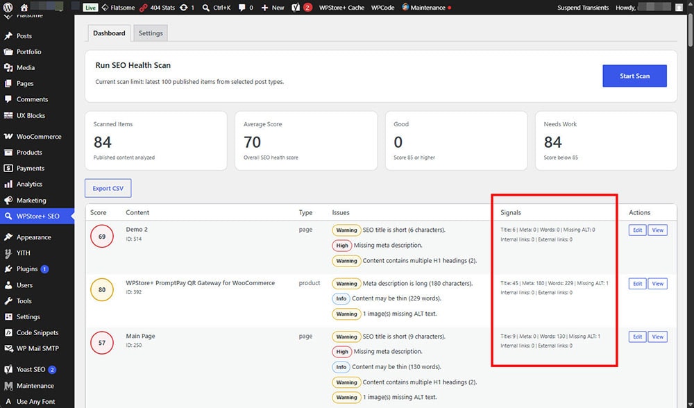 SEO issues and signals section showing title, meta description, word count, missing ALT text, and internal link checks.