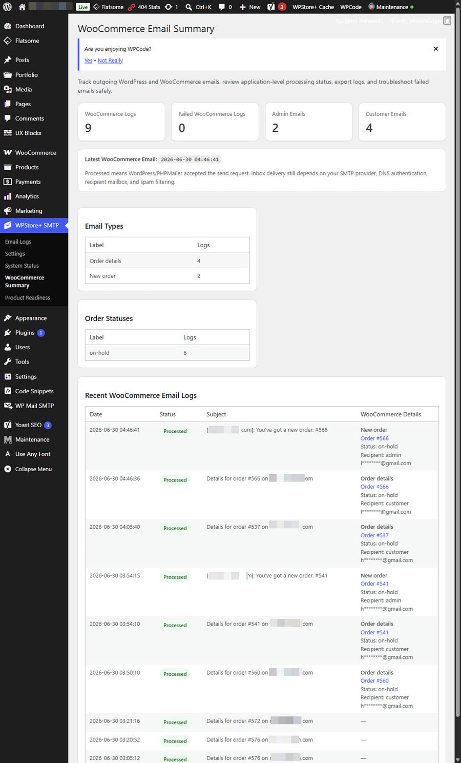 WooCommerce Summary page showing WooCommerce email activity, email types, order statuses, and recent email logs.