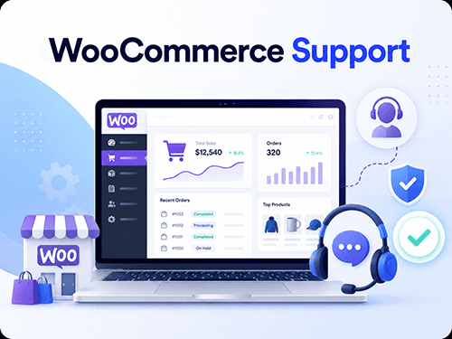 WooCommerce support service illustration showing an online store dashboard, orders, products, and customer support tools.