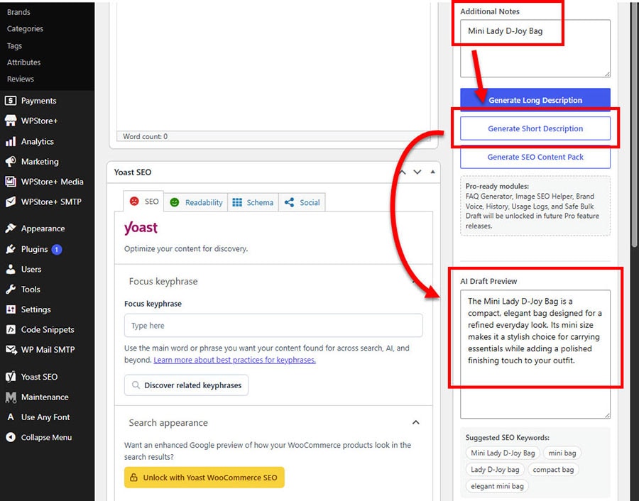 AI-generated short product description preview for WooCommerce