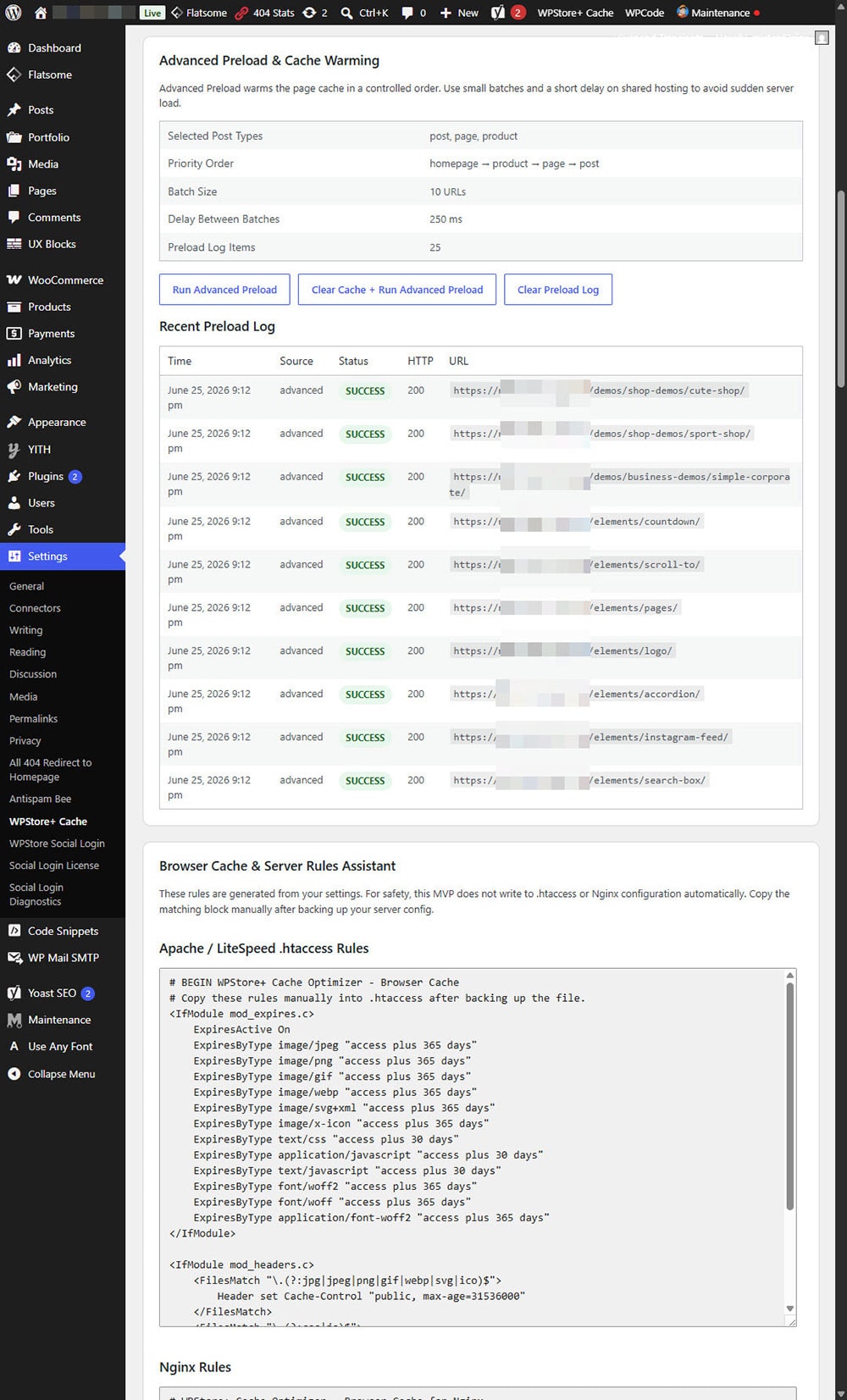 WPStore+ Cache Optimizer screen showing lazy load assistant, compatibility center, detected WooCommerce and Flatsome integrations, and cache rule recommendations.