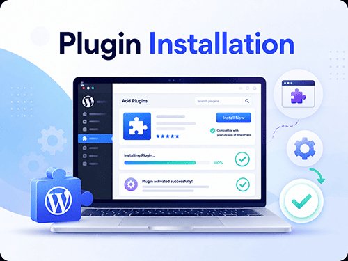 WordPress plugin installation service illustration showing plugin setup, installation progress, configuration, and activation.