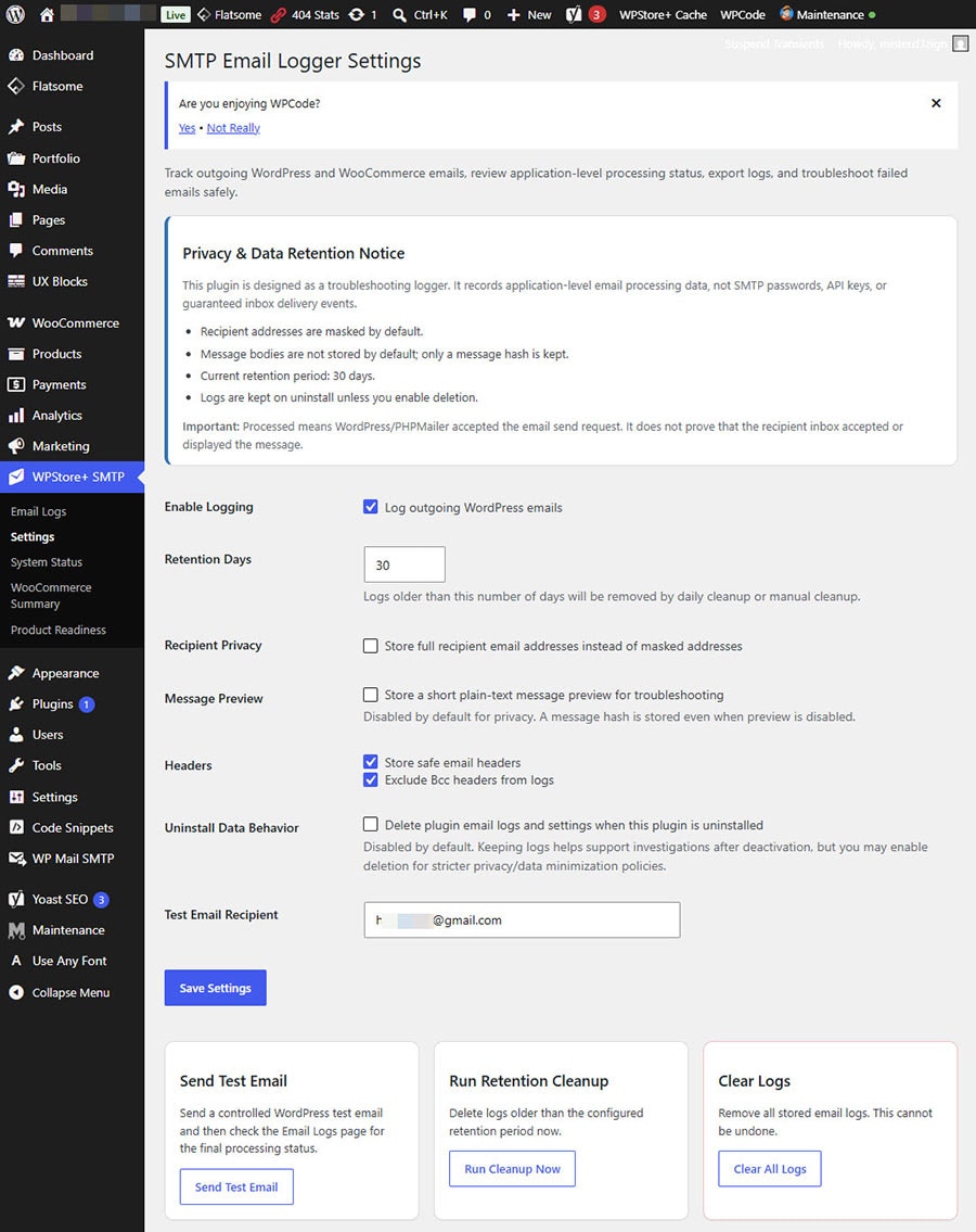 WPStore+ SMTP Email Logger settings page showing privacy controls, data retention options, recipient masking, and uninstall data behavior.