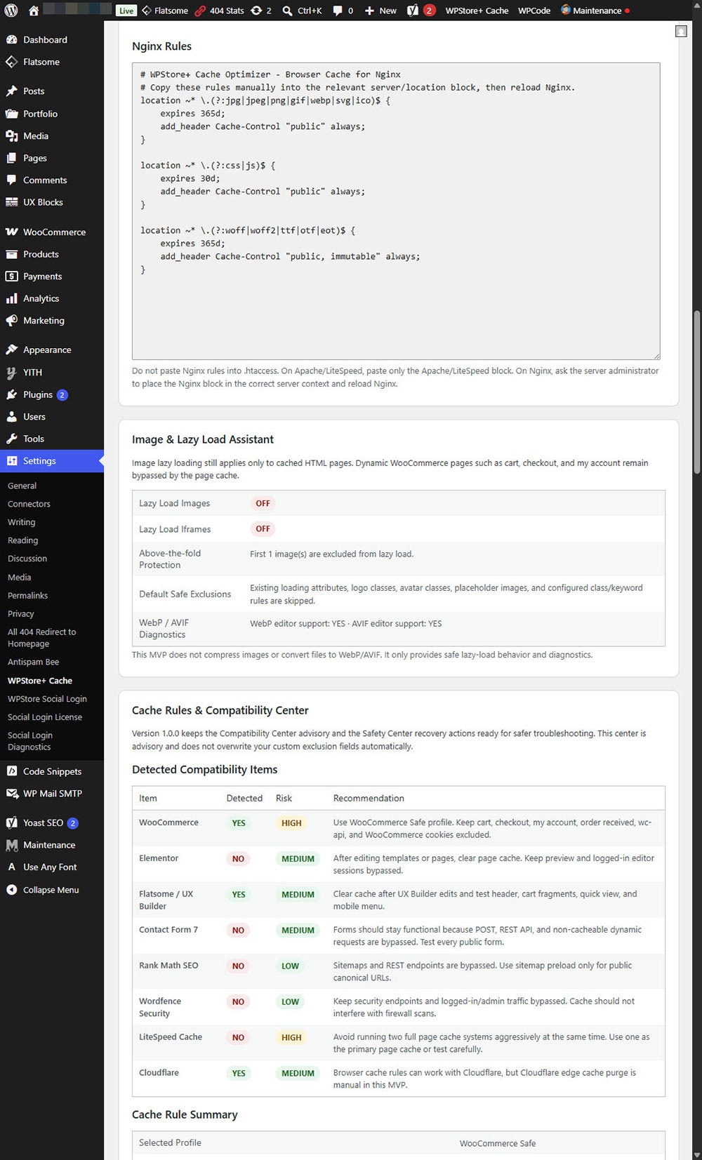 WPStore+ Cache Optimizer cache rules screen showing recommended URL exclusions, WooCommerce cookie exclusions, compatibility warnings, and WooCommerce safety checklist.