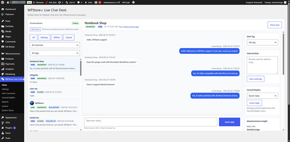 WPStore+ Live Chat Desk admin conversation view with customer messages and reply tools