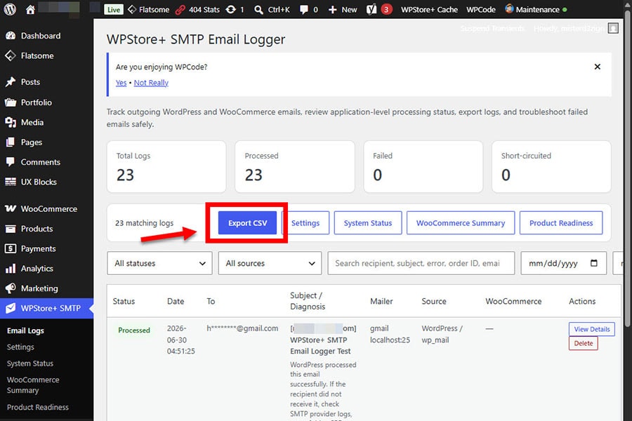 Email Logs page showing filters and Export CSV option for exporting WordPress and WooCommerce email logs.