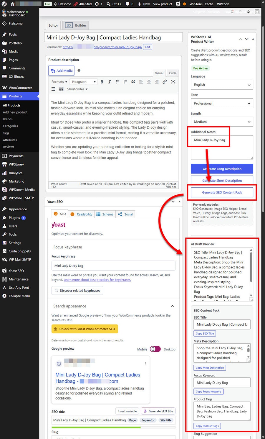 AI-generated SEO title meta description focus keyword tags and slug suggestion