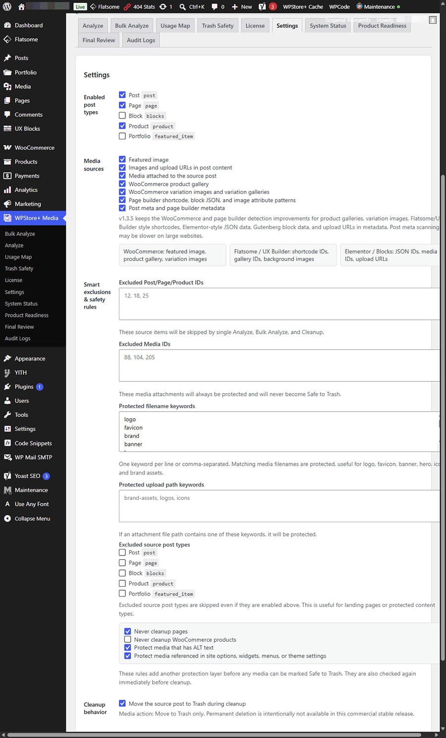 WPStore+ Safe Media Cleaner settings screen showing media protection options.