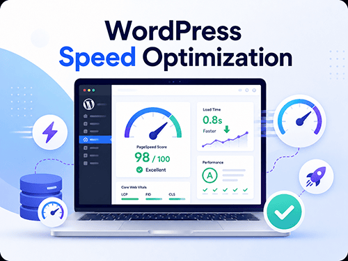 WordPress speed optimization service illustration showing website performance metrics, speed score, cache, and Core Web Vitals.