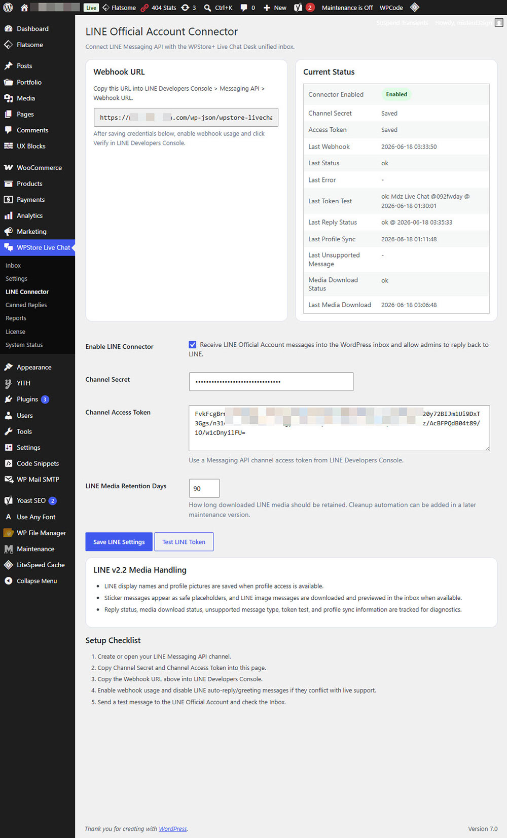WPStore+ Live Chat Desk LINE Official Account connector settings in WordPress admin