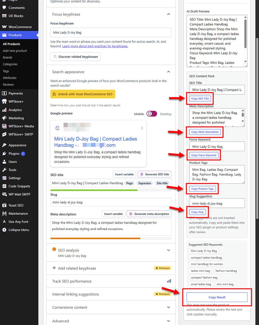 Copy AI-generated SEO suggestions from the WooCommerce product editor
