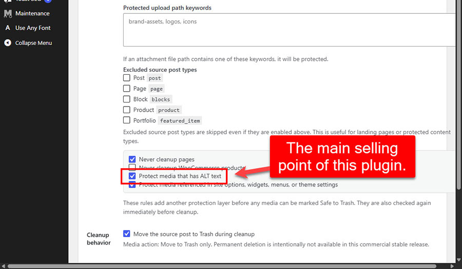 Protect media with ALT text setting in WPStore+ Safe Media Cleaner.