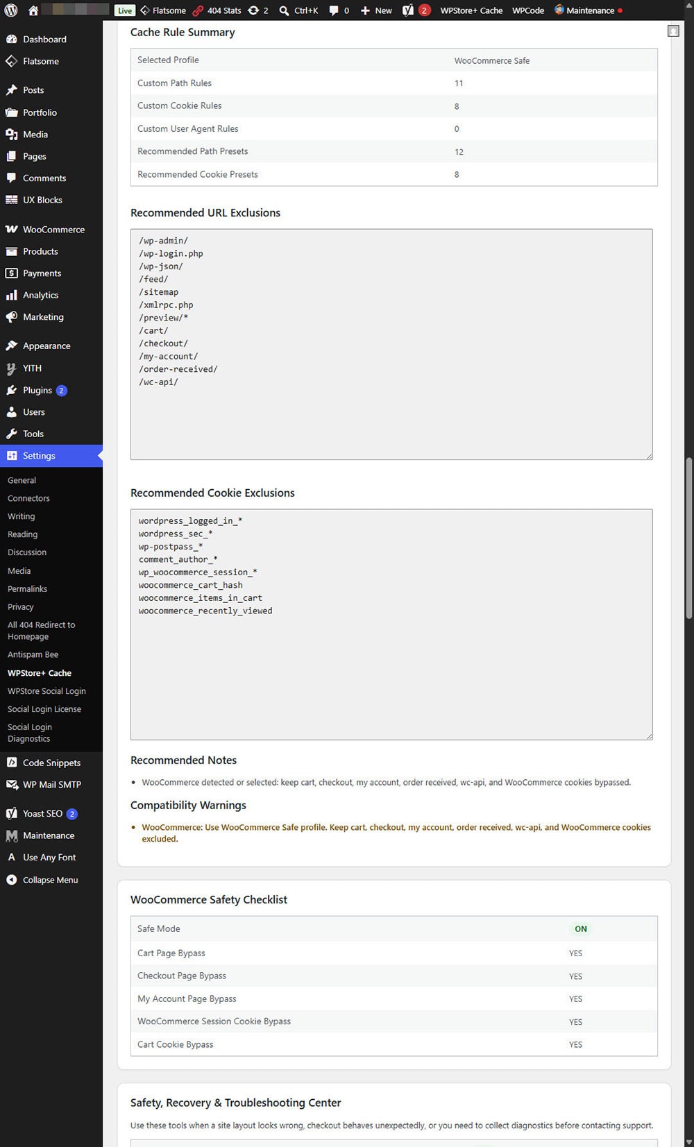 WPStore+ Cache Optimizer safety and recovery tools showing emergency safe mode, diagnostics mode, debug snapshot, cache bypass test tool, and page cache settings.