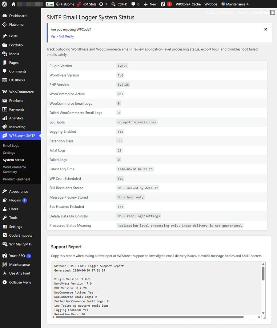 System Status page showing plugin environment details and a copyable support report without SMTP secrets or email message bodies.
