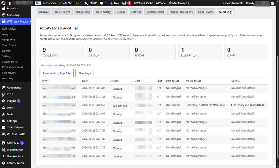 Media cleanup log screen showing previous cleanup activity in WordPress admin.