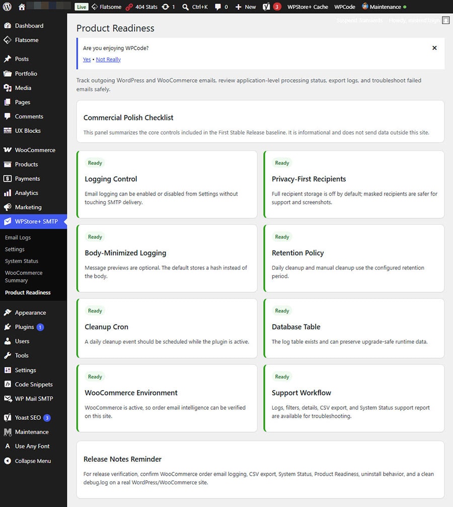Product Readiness Checklist showing production checks for logging, privacy, retention, WooCommerce support, and support workflow.