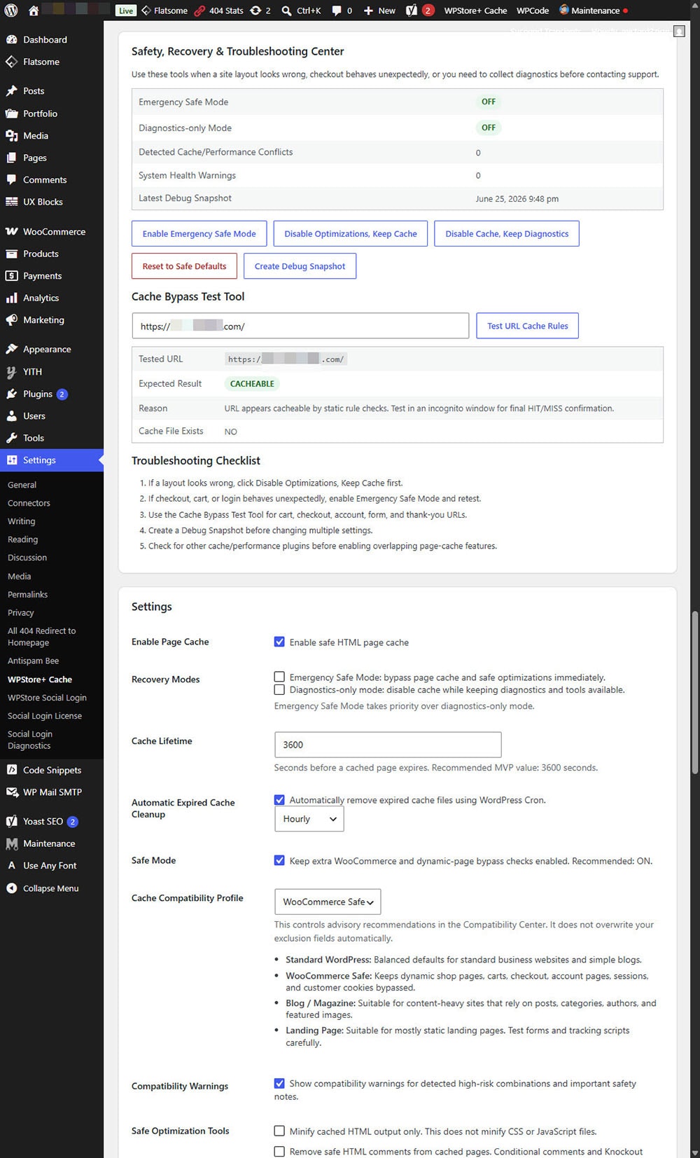 WPStore+ Cache Optimizer settings screen showing safe optimization tools, lazy load image settings, browser cache lifetime, preload limit, and advanced preload options.