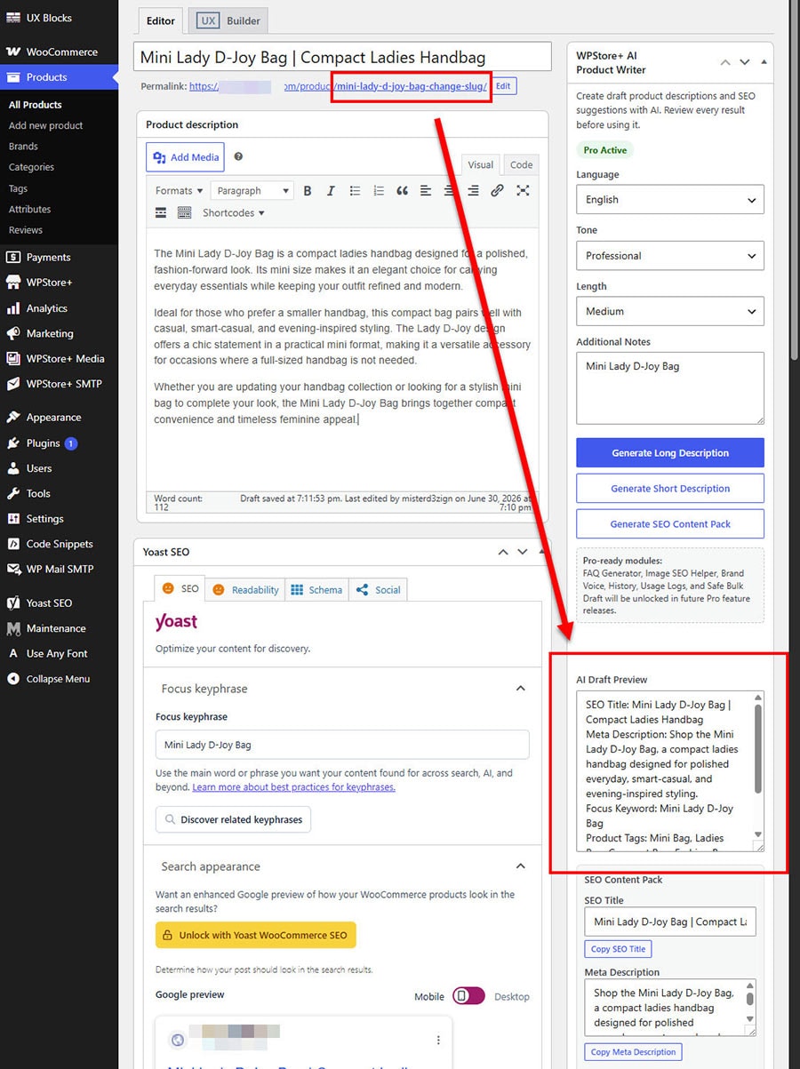 AI-generated WooCommerce product slug suggestion