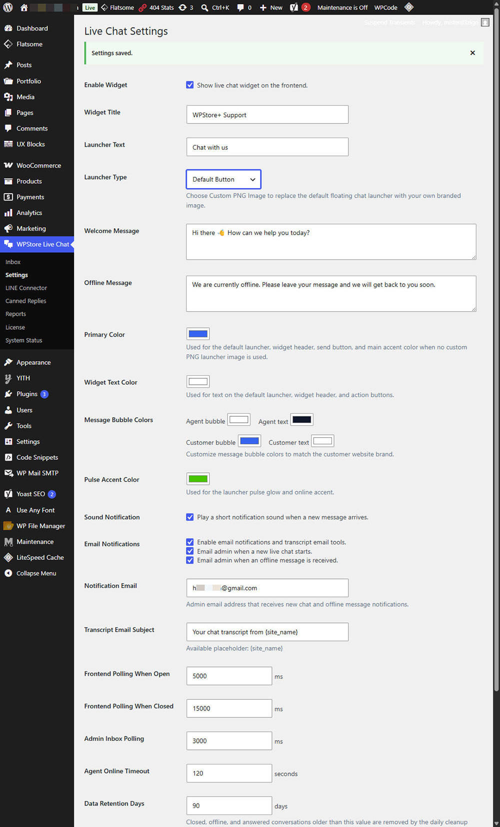 WPStore+ Live Chat Desk widget customization settings for default chat button