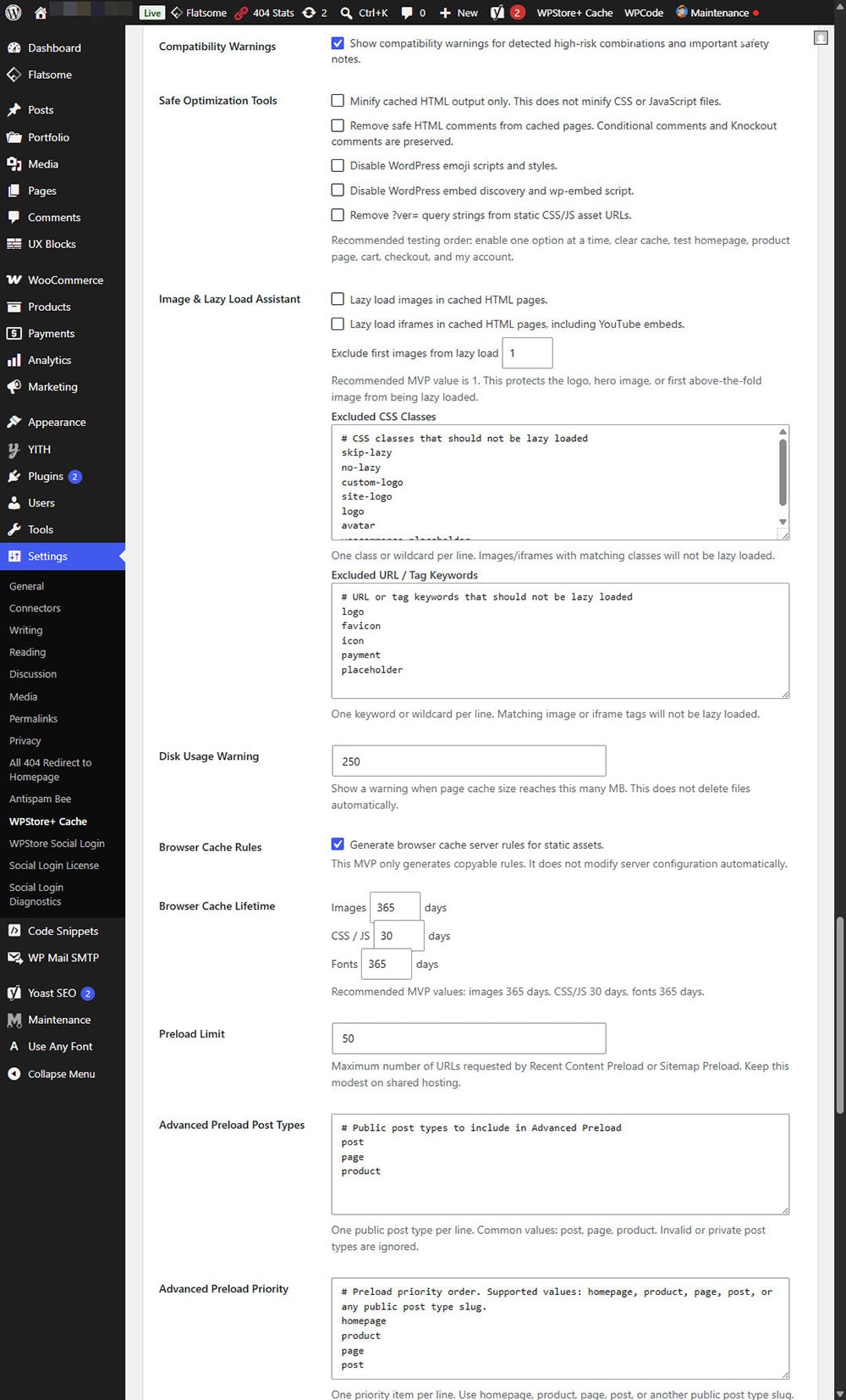 WPStore+ Cache Optimizer advanced settings showing excluded user agents, ignored query parameters, debug response headers, safe defaults, release readiness, and stable changelog.