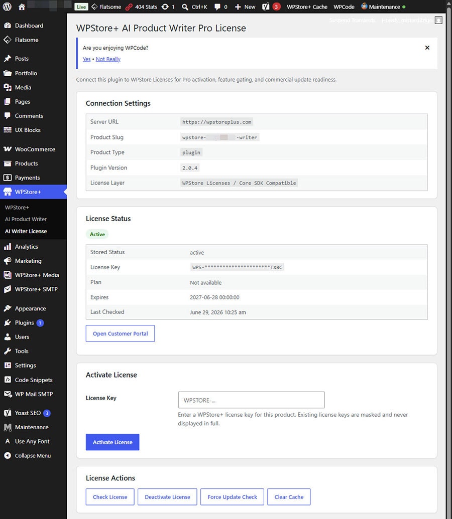 WPStore+ AI Writer License page with activation and license actions