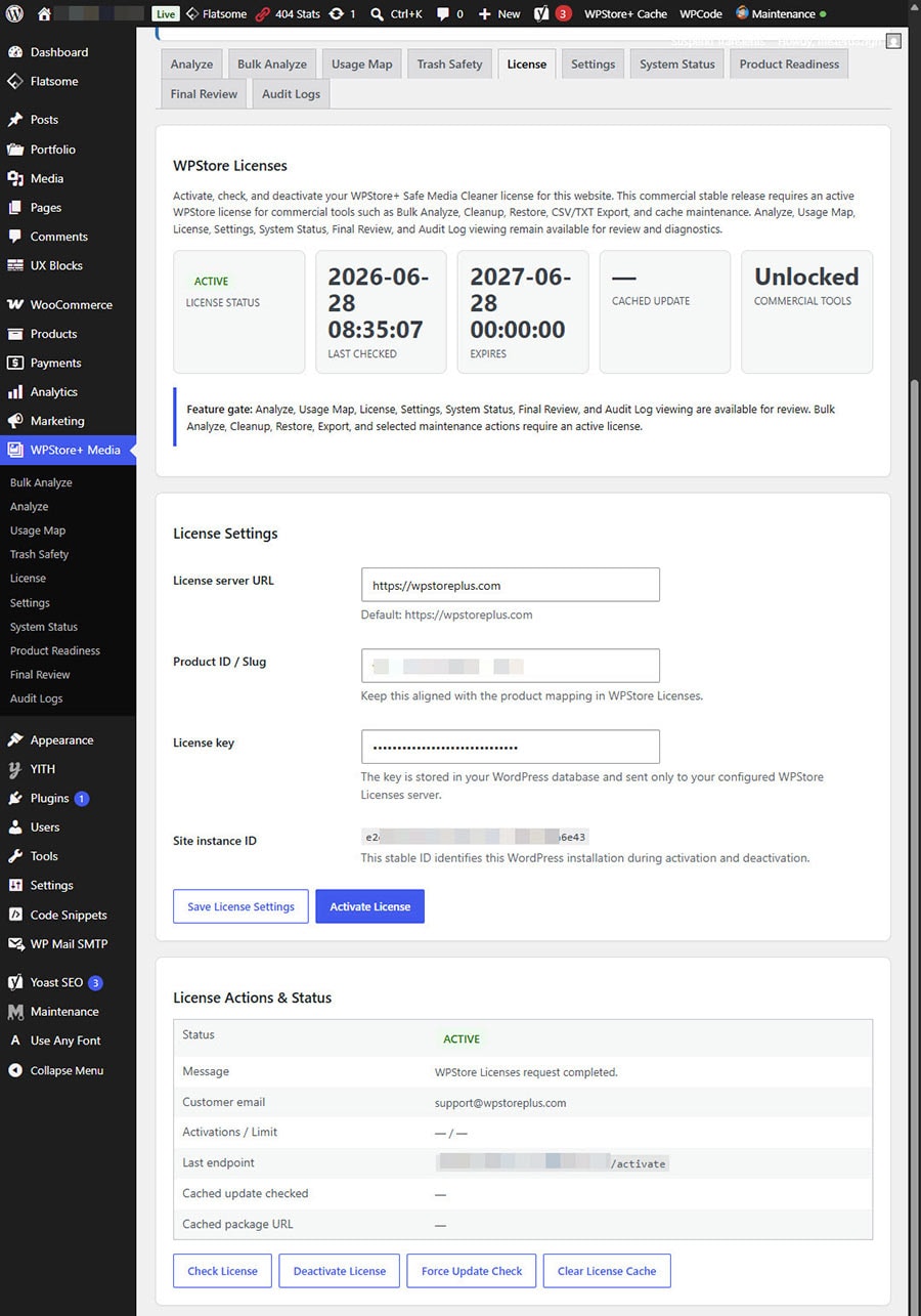 WPStore+ Safe Media Cleaner license activation screen in WordPress admin.