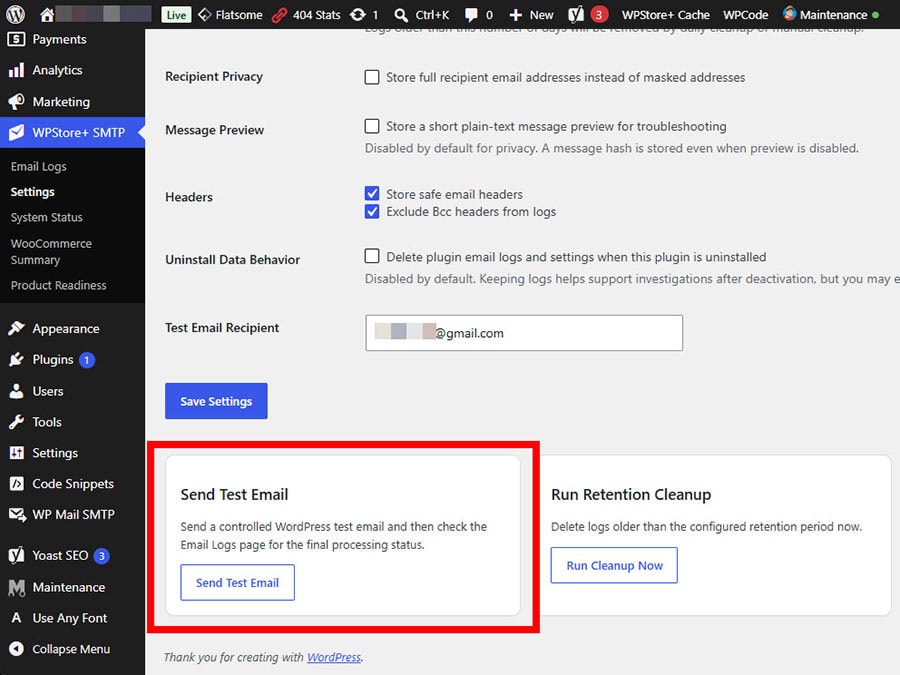WPStore+ SMTP Email Logger Send Test Email tool for testing outgoing email logging from the WordPress admin dashboard.