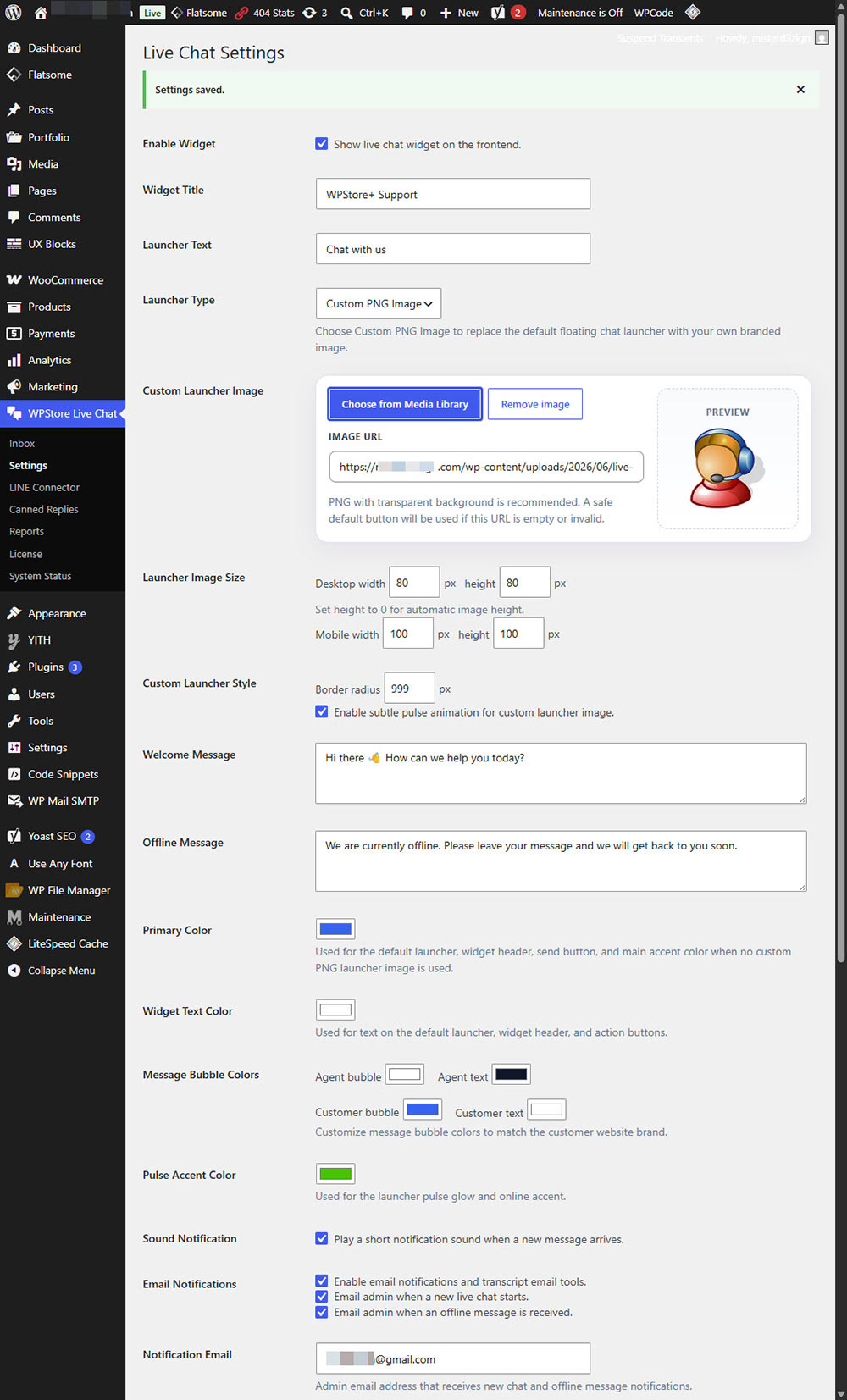WPStore+ Live Chat Desk custom PNG image launcher settings for branded chat widget