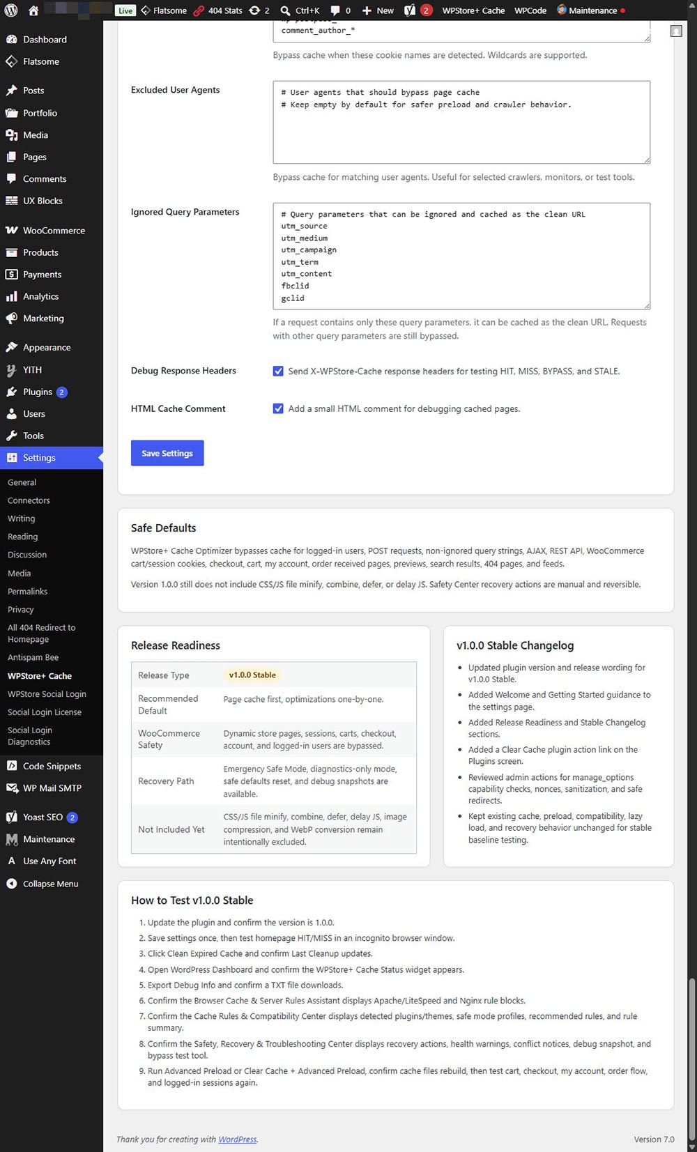 WPStore+ Cache Optimizer admin bar quick actions menu showing purge current URL, clear all cache, and settings links.
