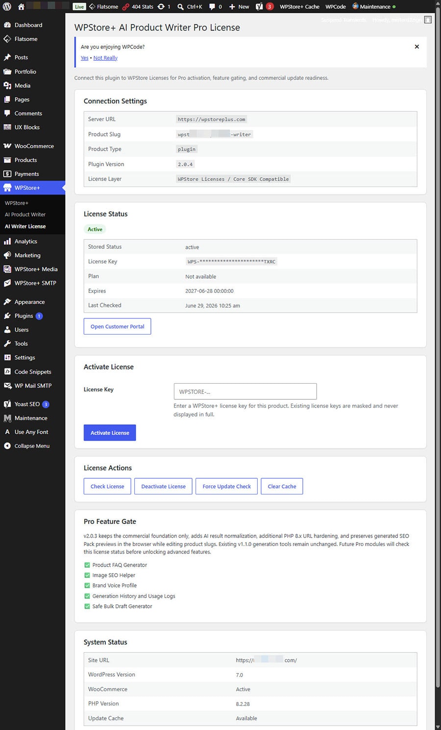 System status panel for WPStore+ AI Product Writer