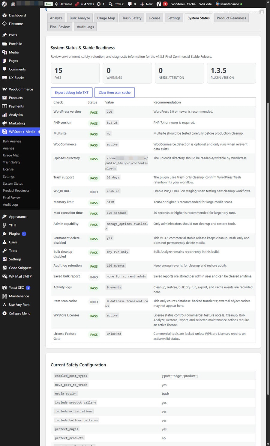 System status screen for WPStore+ Safe Media Cleaner showing WordPress environment details.