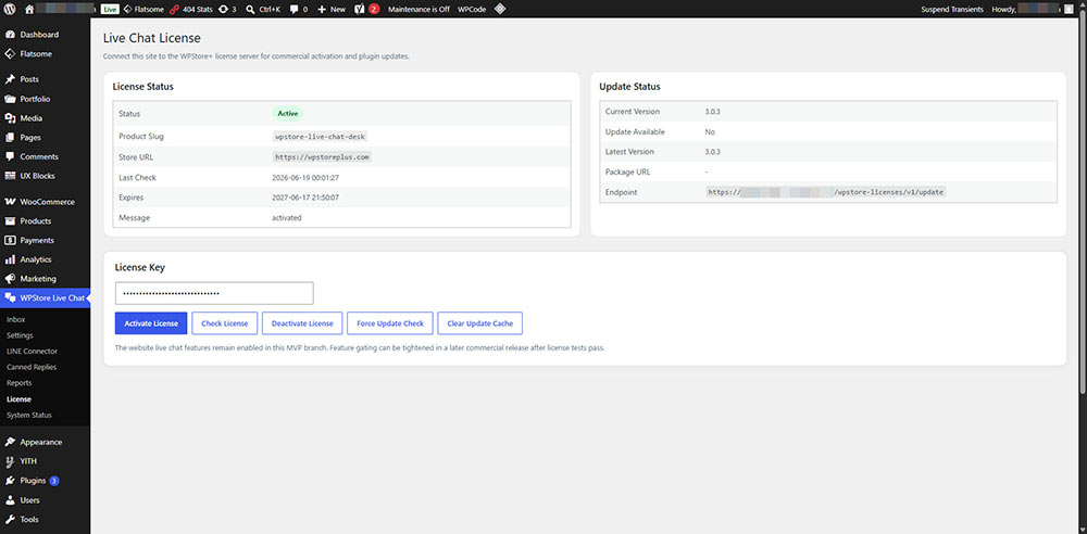 WPStore+ Live Chat Desk license activation and plugin update status screen