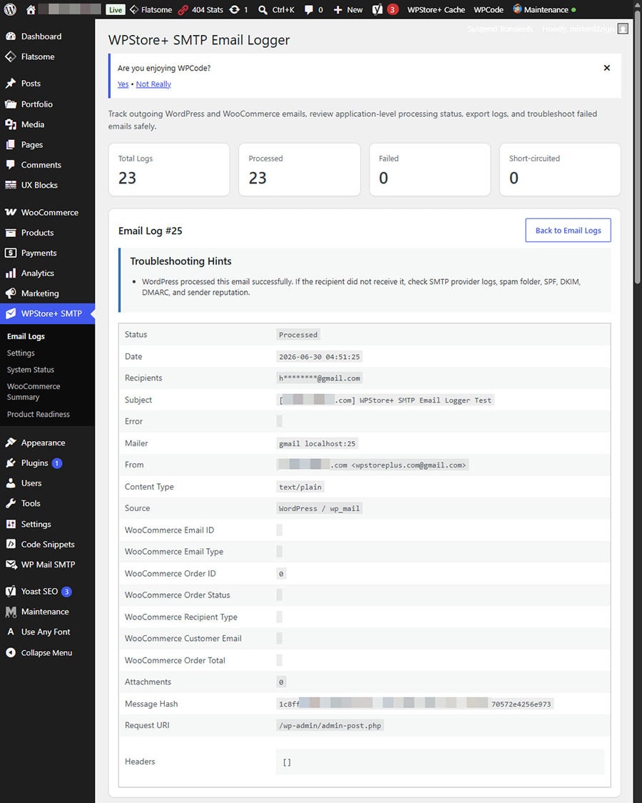 Troubleshooting Hints section showing practical guidance for SMTP errors, failed emails, recipient issues, and delivery-related problems.