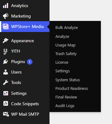WordPress admin menu showing WPStore+ Media shortcuts for Safe Media Cleaner.