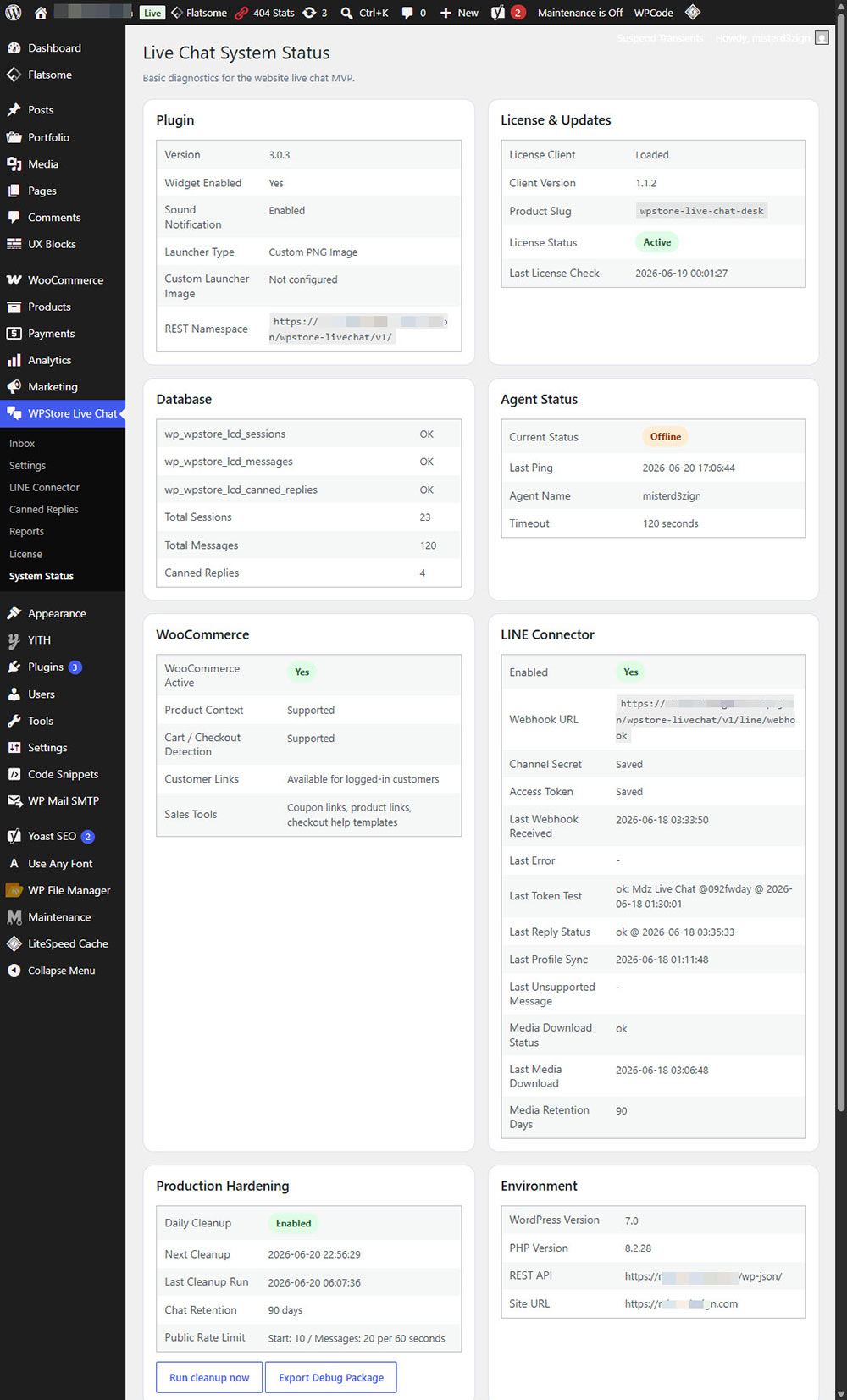 WPStore+ Live Chat Desk system status dashboard with diagnostics and environment information