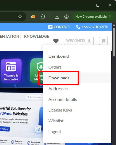 WPStore+ account menu showing the Downloads option for plugin files